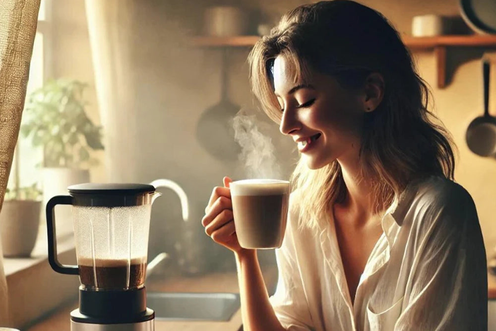 woman sitting at a table in the kitchen drinking coffee with a blender next to her