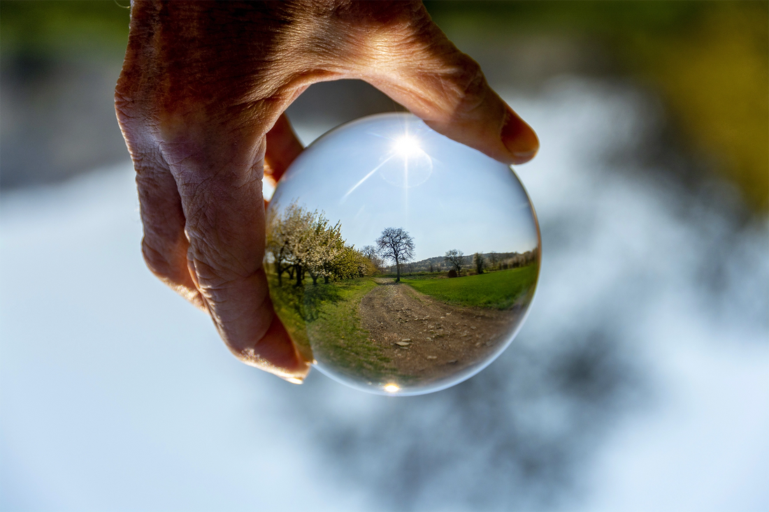 A hand holding a round glass globe 