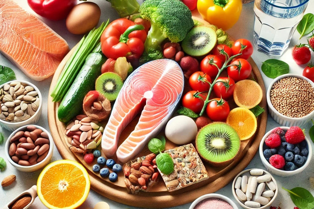 a round wooden plate full of healthy food salmon broccoli peppers orange berries