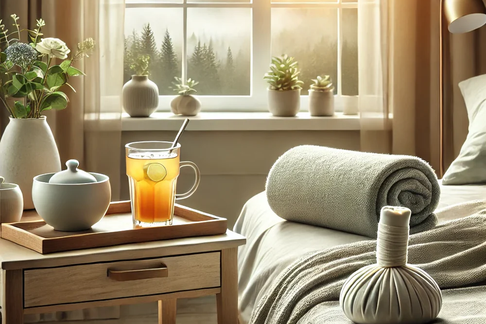 Picture of a bed with a view outside the window with a tea setup