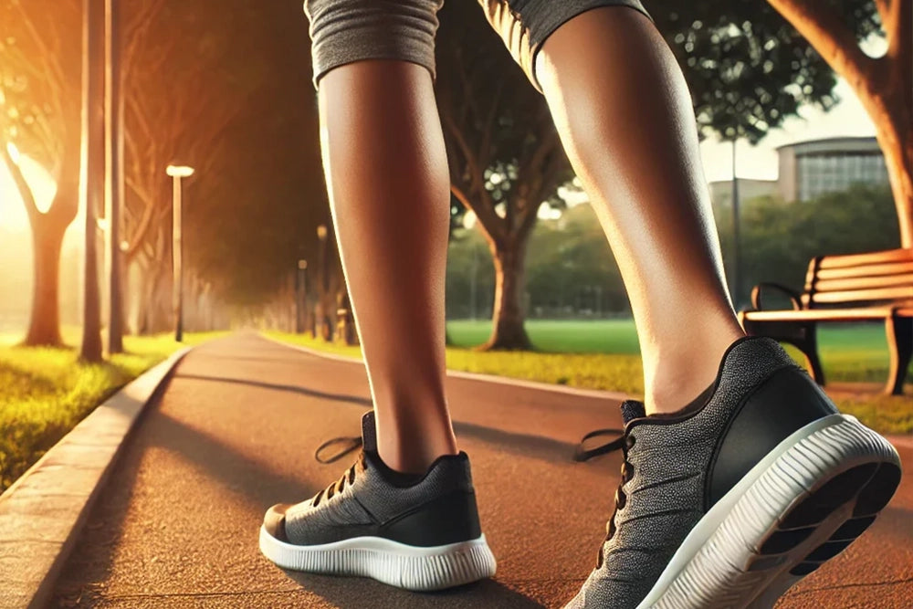 legs with shoes on walking on a path outside in a park